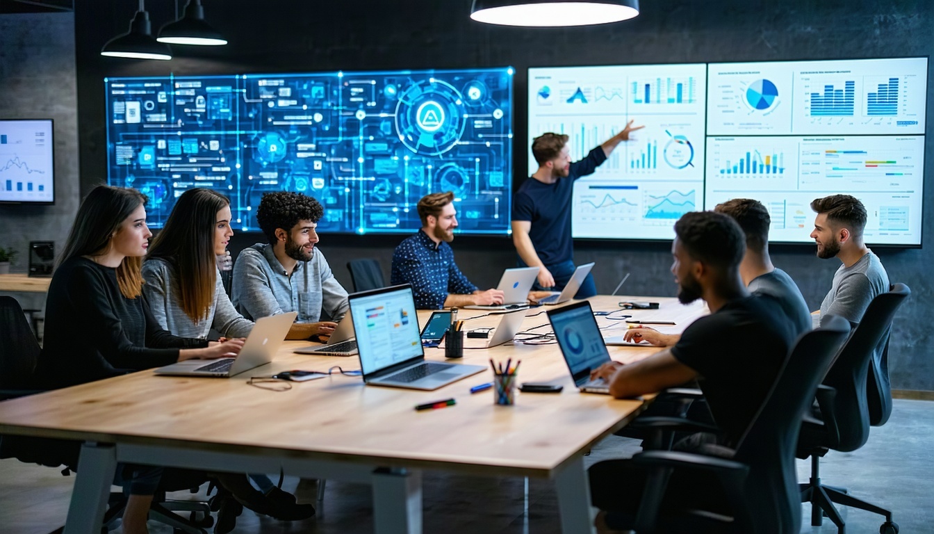 The image depicts a modern sleek workspace filled with technology and digital tools In the foreground a diverse team of developers collaborates around a large table laptops open coding on screens filled with lines of code and AIgenerated snippets One-1